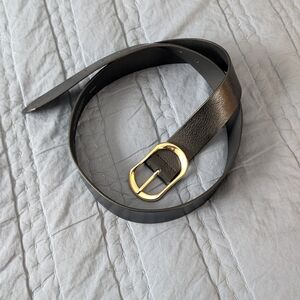 J. Crew Black Leather Belt with Gold Oval Buckle